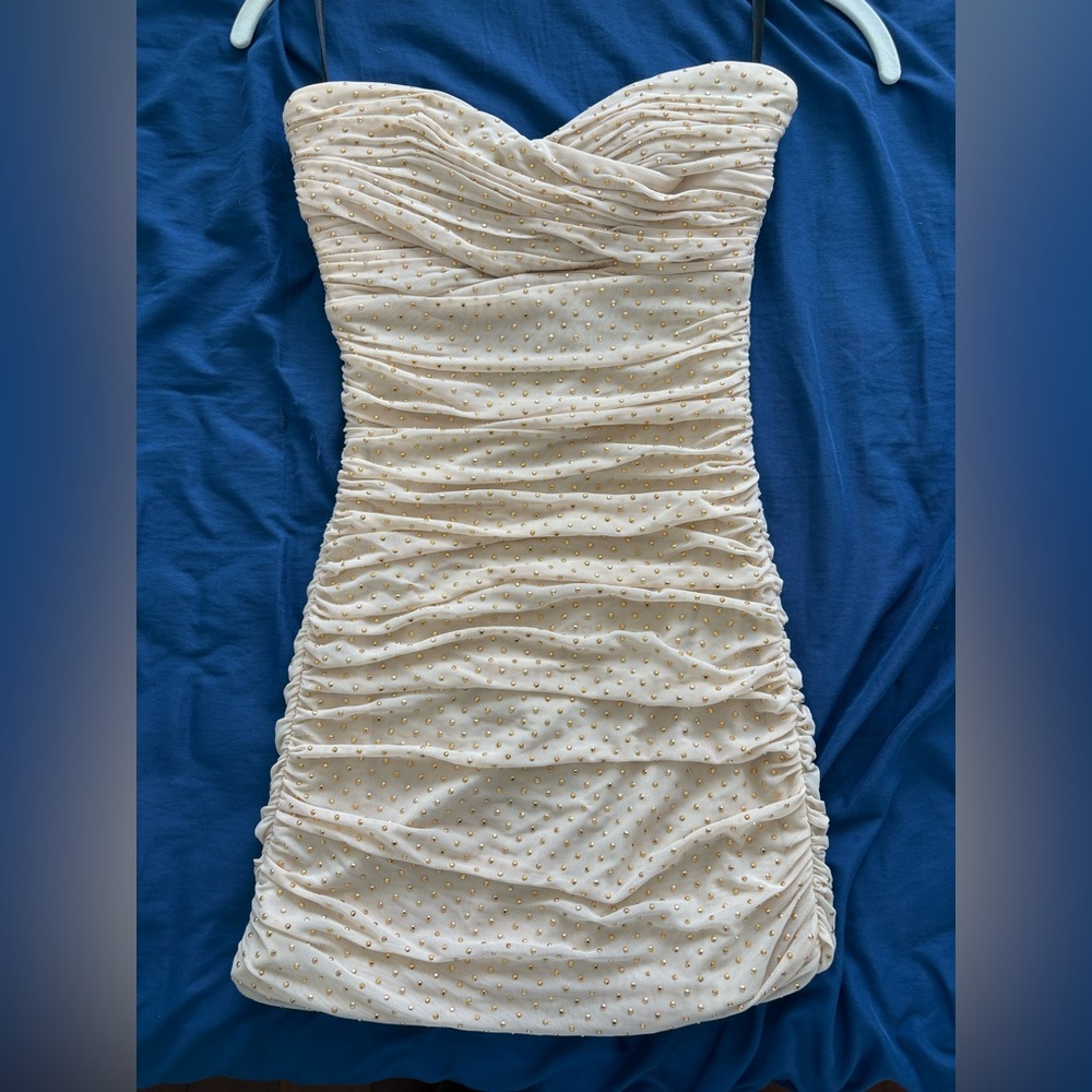 bebe Cream and Gold Ruched Mini Dress